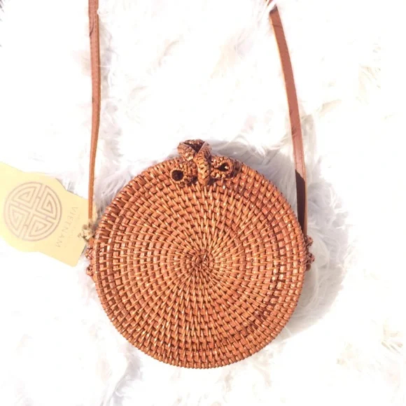 Woven Round Crossbody Bag in Tan - Picture 6 of 6